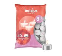 Bolsius Lot de 45 bougies chauffe-plat - Longue durée de combustion de 8 heures - Décoration d'intérieur - Sans parfum - Ne coulent pas, sans fumée ni huile de palme - Cire naturelle végane - Blanc