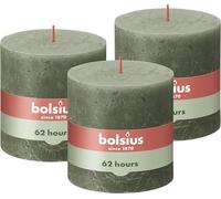 Bolsius - Rustik Lot de 3 bougies pilier XXL Vert 10 x 10 cm - Bougies décoratives pour ménage - Longueur de combustion 62 heures - Sans parfum - Cire végétale naturelle - Sans huile de palme