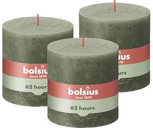 Bolsius - Rustik Lot de 3 bougies pilier XXL Vert 10 x 10 cm - Bougies décoratives pour ménage - Longueur de combustion 62 heures - Sans parfum - Cire végétale naturelle - Sans huile de palme