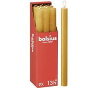 Bolsius - Rustik Lot de 9 bougies à tige - Jaune ocre- Longueur : 13 heures - Sans parfum - Cire végétale naturelle - Sans goutte - Sans huile de palme - 27 x 2,3 cm