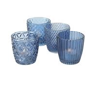 Boltze Ensemble de photophores Marilu 4 pièces (bleu, verres décoratifs pour bougies / chauffe-plats, porte-bougies Ø 8 cm, motifs variés, forme ronde, support pour chauffe-plat) 1020523