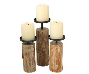 Boltze Tempe 4221400 Lot de 3 bougeoirs en Bois + métal Design élégant Décoration Table à Manger/Commode Style Boho, Wood