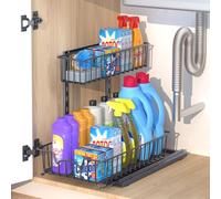 Bomclap Étagère de lavabo à 2 étages - Organiseur extensible - Paniers en métal pour cuisine et salle de bain - Meuble bas multifonction (noir)