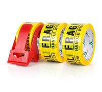 BOMEI PACK FRAGILE Jaune Ruban d’emballage sécurité 66m x 48mm-3 rouleaux avec dévidoir Adhésif fort pour colis, entrepôt, e-commerce