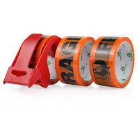 BOMEI PACK FRAGILE Orange Ruban d’emballage sécurité 66m x 48mm-3 rouleaux avec dévidoir Adhésif fort pour colis, entrepôt, e-commerce
