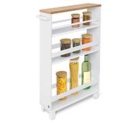 BOMOE Chariot de Rangement FSC® avec 3 Étagères Plan de Travail 2 roulettes | 50x79x15cm Blanc Petite Étagère Desserte Petit Cuisine Salle de Bain Socles niche meuble étroit compartiments roulant Hylla