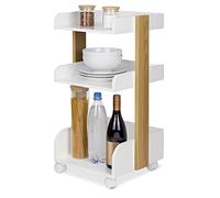 BOMOE Chariot Rangement Multifonctionnel à 4 roulettes Blocables & 3 Étagères Bosse - FSC® Bois Chariot de Service Cuisine Salle de Bain Bureau Salon - 32x35x69cm Blanc & Chêne