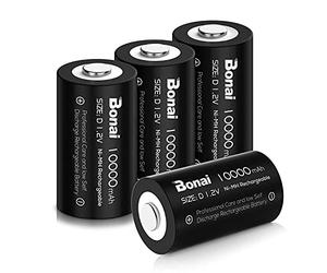 BONAI Lot de 4 Piles Rechargeables D LR20 Ni-MH de Haute Capacite | 10000mAh, 1.2V, 1200 cycles, faible auto-decharge, pré-chargées, plus puissantes et durables