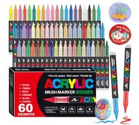 Bonala Feutre Acrylique 60 Couleurs, Marqueur Acrylique Pointe Pinceau Permanent pour Pierre, Galets, Bois, Verre, Céramique, Tissu, Plastique & Métal, Acrylic Paint Markers pour Coloriage Adulte