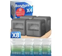 BonAura® Lot de 4 déshumidificateurs sans électricité + 8 recharges de déshumidificateur de 400 g - Jusqu'à 40 m² - Pour cave, salle de bain, etc. - Déshumidificateur et déshumidificateur en granulés