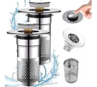 Bonde Lavabo Pop-Up Avec Filtre Anti-Cheveux, Inox Noyau Laiton, Anti-Odeur, 33-40 mm, Lot De 2