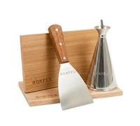 BonFeu Set de Cuisine pour Barbecue et Plancha - Accessoires en Acier Inoxydable : Spatule Robuste, Burette à Huile et 2 Planches de Fumage en Bois de Cèdre - Kit Complet pour Cuisine d'Extérieur