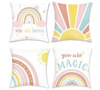 Bonhause Housse de Coussin Arc-en-Ciel Boho 45 x 45 cm Soleil Coloré Décoratif Taie d'oreiller pour Canapé Salon Chambre Chaise Jardin Enfants Maison Décoration 4 Pièces