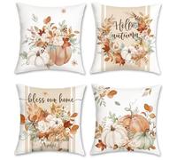 Bonhause Housse de Coussin Citrouille Automne 45 x 45 cm Couronne Feuille Érable Floral Décoratif Taie d'oreiller pour Canapé Salon Chambre Chaise Jardin Maison Décoration 4 Pièces