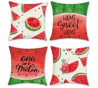 Bonhause Housse de Coussin Été Pastèque 45 x 45 cm Fruits Verts Rouges Home Sweet Home Décoratif Taie d'oreiller pour Canapé Salon Chambre Jardin Maison Décoration 4 Pièces