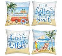 Bonhause Housse de Coussin Été Plage 45 x 45 cm Arbre Tropical Océan Côtier Décoratif Taie d'oreiller pour Canapé Salon Chambre Chaise Jardin Maison Décoration 4 Pièces