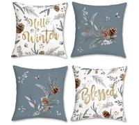 Bonhause Housse de Coussin Hiver Gris 45 x 45 cm Noël Feuilles Pommes de Pin Gris Velours Doux Décoratif Taie d'oreiller pour Canapé Salon Chambre Jardin Maison Hiver Décoration 4 Pièces