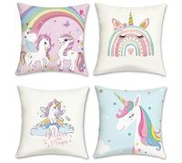 Bonhause Housse de Coussin Licorne 50 x 50 cm Arc-en-Ciel Bleu Rose Velours Doux Décoratif Taie d'oreiller pour Canapé Salon Chambre des Filles Enfants Maison Décoration 4 Pièces