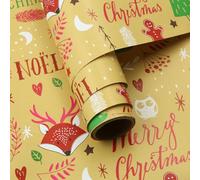 Bonhomme en pain d'épices, cerf avec bois de cerf, hibou, hérisson, feuilles d'arbre, gland imprimé sur papier cadeau de Noël jaune - 1 mini rouleau de 43,2 x 3 m par rouleau, 14,1 m² - Papier cadeau