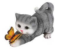 BONKZEBU Statue de Jardin Solaire en Résine Imperméable, Adorable Chat Mignon Tenant Une Figurine de Papillon pour Patio, Balcon, Cour, Pelouse, pour la Décoration Extérieure