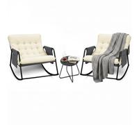 Bonnlo Salon de Jardin Exterieur 2 Personnes, Ensemble Fauteuil Salon a Bascule et Table Basse, Meuble Exterieur avec Coussin Épais Amovible pour Balcon/Terrasse, Blanc