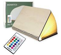 BONNYCO Lampe Livre Led Pliante en Bois avec Télécommande, 16 Couleurs et Minuterie. Livre Lumineux Decoration Chambre, Maison, Bureau. Lampe Lumio Gadget, Idee Cadeau Noel Anniversaire Femme Homme