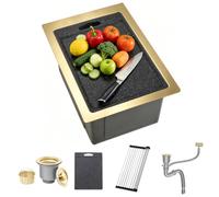 BoomHoze Évier 35x45cm Dissimulé Inox Calibre 16 Doré, Bar/Camping-Car/Ext. | + Pl. à Découper, Siphon & Bonde, Trop-Plein Inclus, Acier Calibre 16 Doré, 1 Bac, Cuisine/Bar Ext./Jardin/Atelier Restaurant