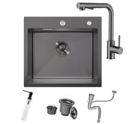 BoomHoze Évier Noir Anthracite 55 X 45 Cm Avec Robinet De Cuisine Extensible Gris Noir, Égouttoir Et Siphon - 1 Bac Carré Encastré Avec 2 Trous
