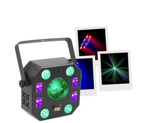 BoomTone Dj LightShow 5FX BoomToneDJ - Jeu de lumières à 5 effets - LZR, Stroboscope, Crystal Ball, UV, LED wash - Contrôle DMX