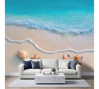 Bord de Mer Moderne Papier Peint Panoramique 300L x 210H cm, Paysage Naturel Plage Océan Blanc Vague Fresque Murale, Bleu Clair Papier Peint 3D Mural pour Salon Chambre d'enfants Salle de Jeu Décor