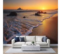 Bord de Mer Romantique Papier Peint Panoramique 300L x 210H cm, Campagne Rustique Plage Vague de l'Océan Fresque Murale, Orange Doré Papier Peint 3D Mural pour Salon Chambre d'enfants Salle de Jeu