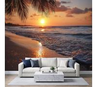 Bord de Mer Romantique Papier Peint Panoramique 300L x 210H cm, Côtier Océan Coucher de Soleil Plage Palmier Fresque Murale, Orange Doré Papier Peint 3D Mural pour Chambre d'enfants Salle de Jeu