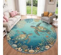 Bord de Mer Vintage Tapis Rond Antidérapant Salon 100 cm Bleu Canard Rug | Nautique Tortue de Mer Corail Étoile de Mer Tapis Rond Lavable en Machine, Poil Ras Tapis Chambre Salle à Manger Descente Lit