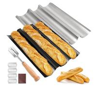 BORDEAG Moule À Baguette, 2 Pièces Moules À Baguettes pour 3 Baguettes Avec Couteau de Boulanger, Plaque de Cuisson Antiadhésive, Moule Pain Accessoire pour Cuisson De Pain, 38x24cm