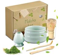 BORDEAG Service à thé - 5 pièces pour cérémonie du thé japonaise - Fabriqué à la main - Avec bol, fouet, porte-balai, louche, cuillère à café et boîte cadeau (vert)