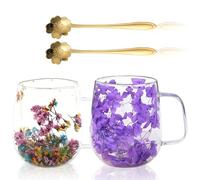 BORDEAG Tasse Verre Double Paroi,Lot De 2 350ML Tasses Double Paroi Avec Fleurs Séchées,Tasse Double Paroi Avec Fleurs Séchées Avec Cuillère,Tasse En Verre À Double Paroi Pour Cappuccino,Latte