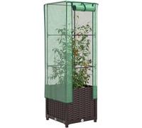 Bordure surélevée avec serre intégrée, aspect rotin, couleur marron, dimensions 40x40x139 cm, avec une structure en fer robuste, une couverture étanche et un support pour les plantes grimpantes, idéal