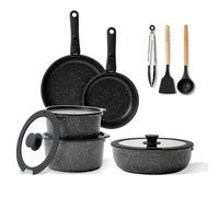 BOREINE Batterie de Cuisine 14 Pce, Lot Casserole et Poele, Set avec Poignee Amovible et Couvercle, Revêtement Antiadhésif en Granit sans PFOA, Compatible Tous Feux Induction Vitrocéramique Gaz, Noir