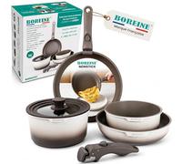 BOREINE Batterie de Cuisine 7 Pce, Lot Casserole Poele avec Poignee Amovible, Revêtement Antiadhésif en Granit sans PFOA, Compatible Tous Feux (Induction Vitrocéramique Gaz), Collection Café Latte