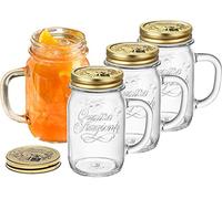 Bormioli Rocco italien Tasse à poignée dans bocal en verre, 396,9 gram (lot de 4) avec couvercle doré et chiffon de nettoyage