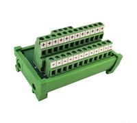 Bornier de distribution d'énergie avec 2 entrées et 12 sorties pour montage sur rail DIN dans un boîtier en PVC vert pour panneaux de contrôle industriels et systèmes PLC, 78 mm
