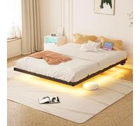 BORPHOM Cadre de lit flottant pour très grand lit avec lumières LED, cadre de lit plateforme en métal de 1,5 m, lit king size avec station de charge, base de matelas, lattes en métal robuste