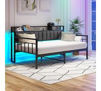 BORPHOM Lit capitonné, canapé-lit, 90 x 200 cm, avec LED, espace de rangement, station de charge, lit simple, lit d'invité, lit de jour, lit d'adolescent, 90 x 200 cm, avec sommier à lattes en métal