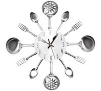 Bortivier Horloge Murale de Couverts Cuisine en MéTal 14 Pouces avec CuillèRe à Fourchette 3D Horloge Montre à Quartz sans Coutil pour la DéCoration de de Chambre à Coucher,Argent