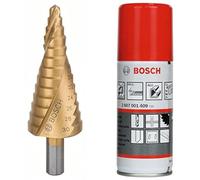 Bosch Accessories 2608587430 Fraise étagée queue 3 pans Longueur 93,5 mm Exécution HSS-TIN + Bosch Accessories 2607001409 Huile de coupe universelle