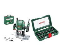 Bosch Défonceuse - POF 1400 ACE - 1400W (avec régulation électronique, réglage de la profondeur de fraisage et éclairage) + 15 pièces Ensemble de fraises au carbure (pour le bois, emmanchement Ø 1/4")