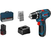 Bosch GSR 12V-15, 2 batteries GBA 12V 2,0 Ah, jeu de 25 embouts, 1 pièce.