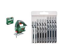 Bosch Home and Garden Scie sauteuse - PST 700 E ReadyToSaw (Profondeur de coupe 70mm, livrée avec coffret de rangement SystemBox) + 10pcs. Kit Lames Scie Sauteuse (pour Bois, Emmanchement T)