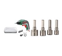 Bosch Home and Garden Visseuse sans Fil - IXO V Edition Classique (Livrée avec Chargeur et 10 Embouts de Vissage, Boîte en Métal) + Assortiment de 4 douilles pour Vis à tête six pans 1/4", 36-38 mm