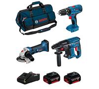BOSCH Kit 18V BK304BAG (Perforateur GBH 18V-21 + Perceuse à Percussion GSB 18V-21 + Meuleuse GWS 18-125 V-LI + 2 Batteries de 4,0 Ah + Chargeur + Sac)